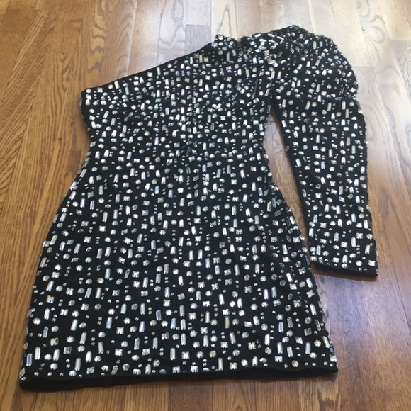 MAC DUGGAL one shoulder embellished puff sleeve silver mini dress sz.2 - Picture 5 of 13